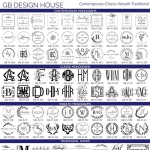 May include: A chart of different monogram and name designs for wedding gifts, invitations, and other special occasions. The chart is divided into four sections: Contemporary Monograms, Classic Monograms, Wreath Monograms, and Traditional Names. Each design features a unique combination of letters, fonts, and decorative elements.