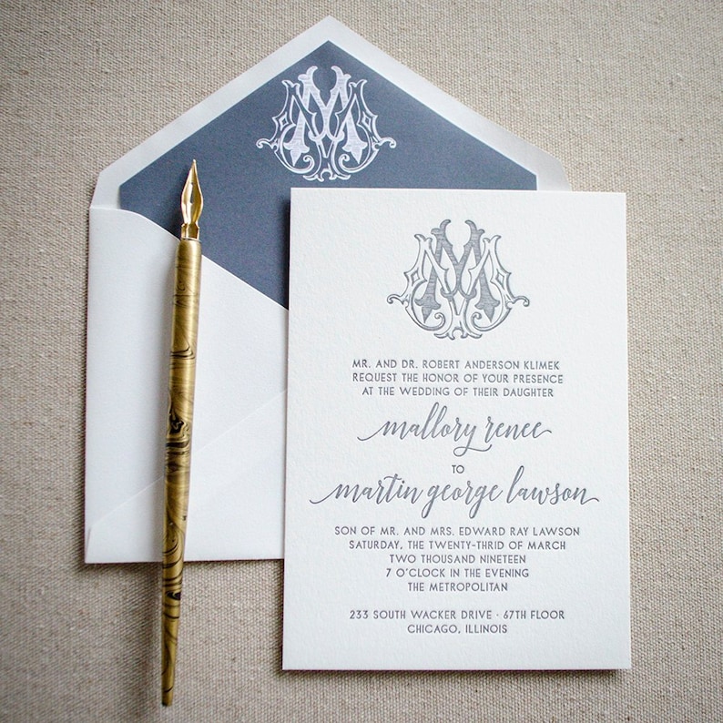 Formal Monogram Letterpress Wedding Invitations Personalized Etsy