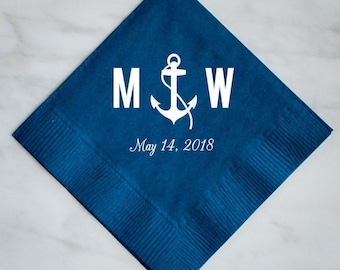 Custom Anchor Monogram Napkins, Personalized Cocktail Napkins, Beach Wedding Napkins, Destination Wedding, Foil Printed Napkins