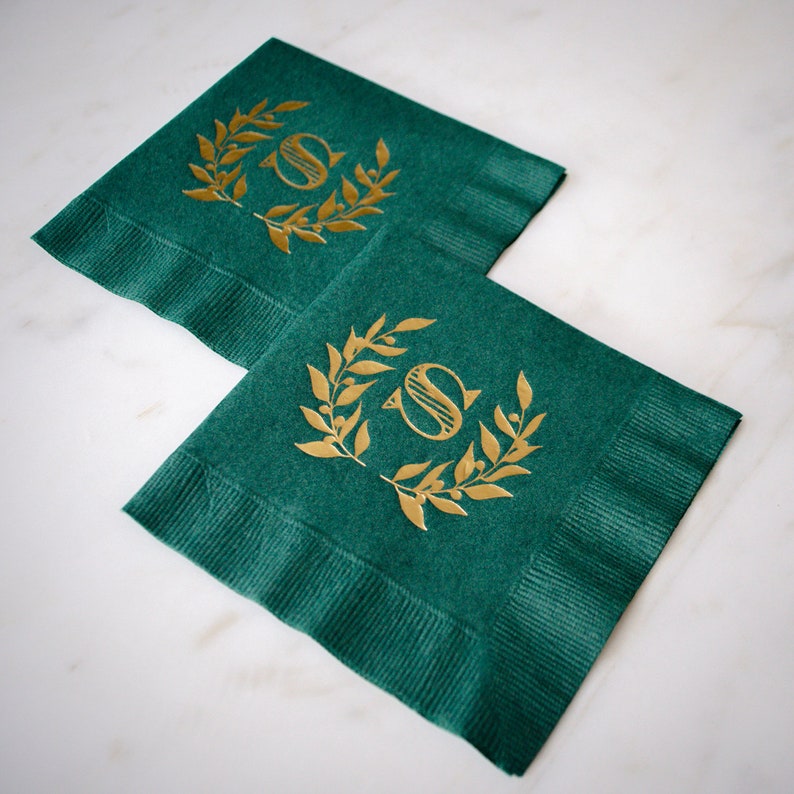 Forest Green Wedding Napkins Gold Foil Cocktail Napkins Etsy