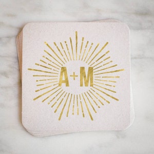 Personalized Foil Printed Party Coasters, Custom Metallic Drink Coasters, Personalized Gold Monogram Coasters, Metallic Gold Drink Coasters