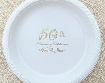 Custom Plastic Party Plates, Personalized Wedding Plates, Anniversary Party Plates, Gold Printed Party Plates, Custom Monogram Plates