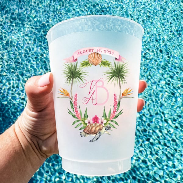 Full Color Tropical Turtle Crest Shatterproof Cups, Destination Wedding Frost Flex Cup, Full Color Beach Wedding Cups, Custom Full Color Cup