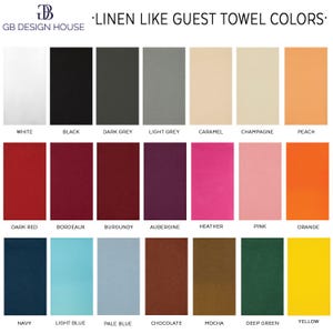 a collection of 16 different guest towel colors, each with a unique shade and hue. The colors include white, black, dark grey, light grey, caramel, champagne, peach, and various others. The colors are arranged in a grid format, with each row representing a different color and each column representing a different shade or hue.