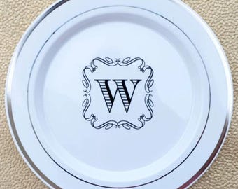 Custom Premium Personalized Plates, Monogram Premium Plastic Plates with Metallic Trim, Custom Plates, Personalized Premium Party Plates