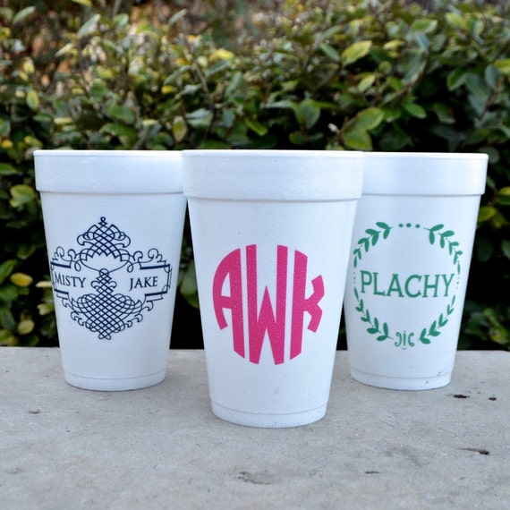 Personalized Styrofoam Party Cups, Monogrammed Foam Party Cups, Foam Cups,  Bordered Monogram, Wedding Cups, Engagement Cup 
