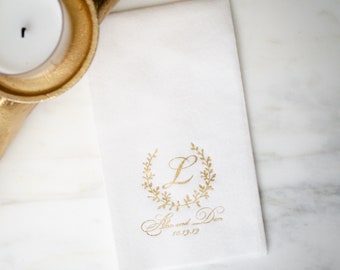 Elegant Wreath Monogram Linen Like Guest Towel Napkins, Personalized Wedding Bathroom Hand Towels, Gold Foil Printed Napkins, Custom Napkins
