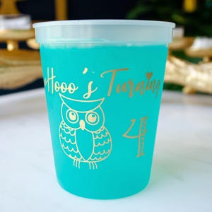 Birthday Party Color Changing Cups, Fourth Birthday, Owl Party Decor, 4th Birthday Cups, Custom Mood Cups, Party Favors, Kids Birthday Decor image 3