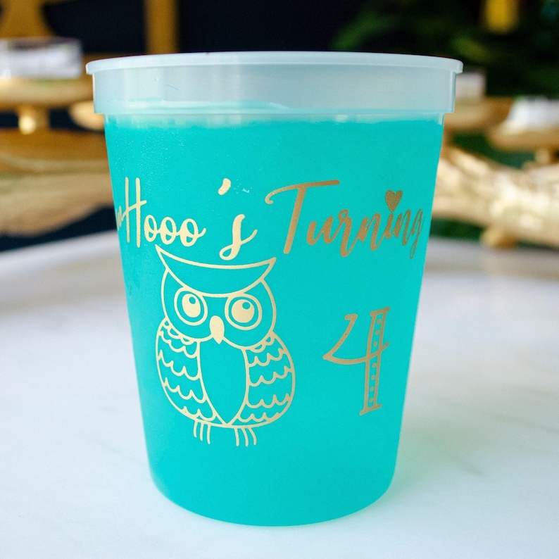 Birthday Party Color Changing Cups, Fourth Birthday, Owl Party Decor, 4th Birthday Cups, Custom Mood Cups, Party Favors, Kids Birthday Decor image 3