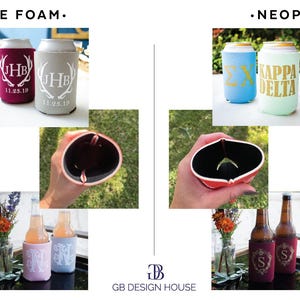 The image is a comparison between two types of foam coolers: sponge foam and neoprene. It displays images of both types of coolers, along with text providing information about their differences.