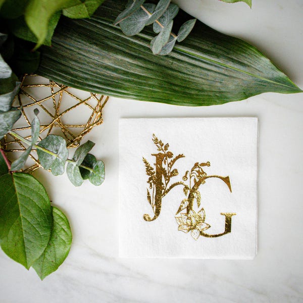 Gold Foil Floral Letter Monogram Linen-Like Napkins, Printed Cocktail Napkins, Linun Cocktail Napkins, Beverage Napkins, Rehearsal Dinner