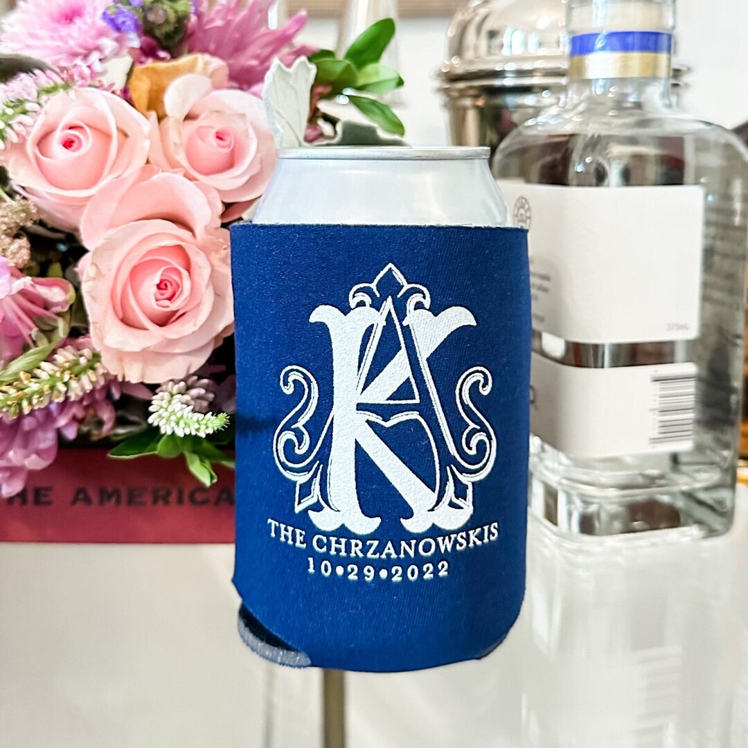 Personalized Navy Wedding Can Huggers, Wedding Duogram Can Cooler