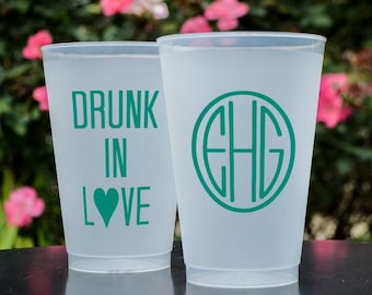 Custom Drunk In Love Shatterproof Cups, Monogrammed Initial Wedding Cups, Customized Printed Clear Frost-Flex Cup, Custom Frosted Party Cups