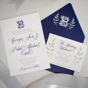 May include: Wedding invitation suite with a navy blue envelope, a white card with the text "The Wedding Weekend" and a white card with the text "Mr. and Mrs. Bryan Blake Carter request the honor of your presence at the marriage of their daughter Karsyn Jesse to Blake Michael Carter Saturday the twentieth of August two thousand twenty-two at seven o'clock in the evening Carter Family Farm Schulenburg, TX Reception to follow"