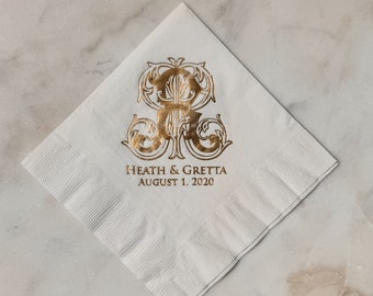 Gold Foil Luncheon 3ply Napkins, Foil Printed Monogram Luncheon Napkins, Custom Luncheon Napkins, Luncheon Cake Table Napkins, 3ply Luncheon