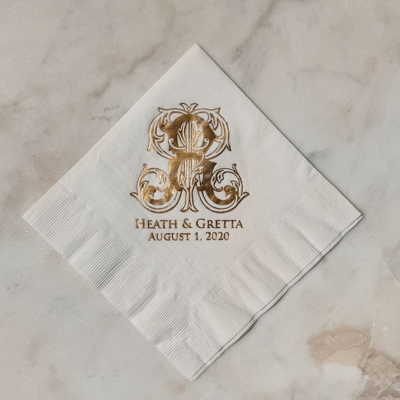 Gold Foil Luncheon 3ply Napkins, Foil Printed Monogram Luncheon Napkins, Custom Luncheon Napkins, Luncheon Cake Table Napkins, 3ply Luncheon image 1