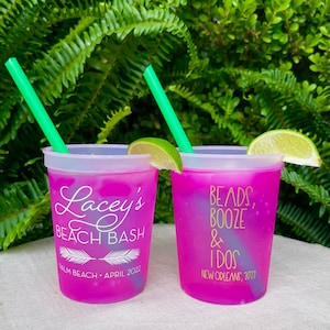 Custom Magenta Color Changing Cups, Custom Beach Bash Plastic Stadium Cup, Bachelorette Party Favors, Color Changing Personalized Party Cups
