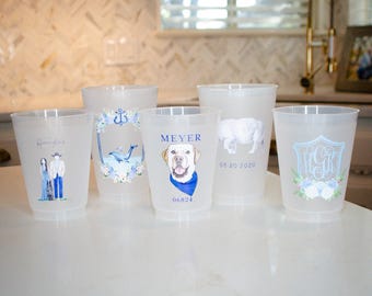Full Color Frost-Flex Cups, Wedding Crest Frosted Plastic Cups, Custom Logo Shatterproof Cups, Personalized Party Cups, Party Favors