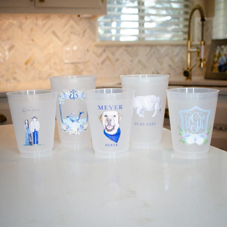 Full Color Frost-Flex Cups, Wedding Crest Frosted Plastic Cups, Custom Logo Shatterproof Cups, Personalized Party Cups, Party Favors zdjęcie 1