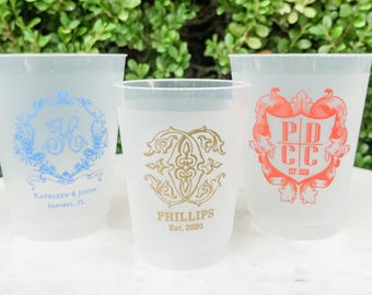 Intricate Monogrammed Frost Flex Cups, Shatterproof Custom Monogram Party Cups, Custom Monogram Wedding Cups, Wedding Favors, Frosted Cups