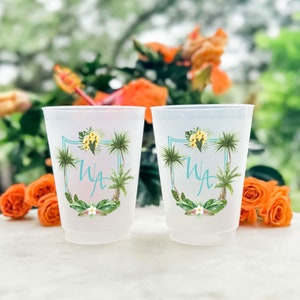 Custom Full Color Palm Tree Crest Shatterproof Cups, Tropical Crest Full Color Cups, Wedding Monogram Frost Flex Cups, Full Color Frost Flex