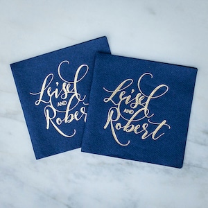 Personalized Wedding Linen Like Napkins, Custom Printed Party Napkins, Couple&#39;s Names, Engagement Party Napkins, Gold Foil Printed