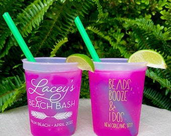 Custom Magenta Color Changing Cups, Custom Beach Bash Plastic Stadium Cup, Bachelorette Party Favors, Color Changing Personalized Party Cups