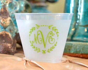 Script Monogram Shatterproof Wine Party Cups, Frosted Curly Monogram Wedding Cups, Customized Party Favors, Frost Flex Cups