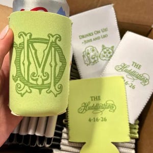 Custom Green Monogram Can Coolers, Monogrammed Wedding Beer Hugger, Neoprene Can Coolers, Custom Wedding Green Coolies, Can Coolies image 1