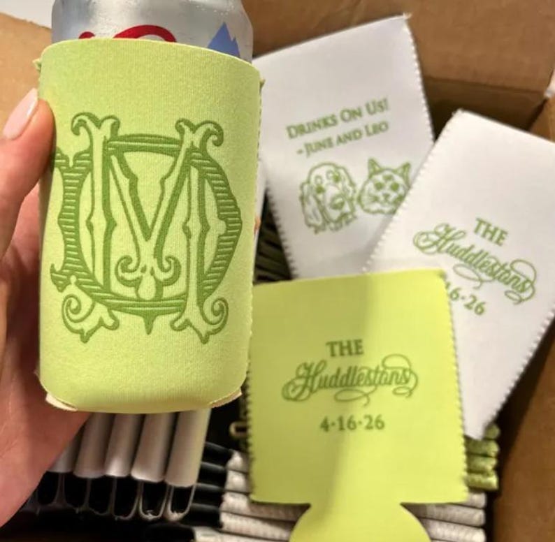 Custom Green Monogram Can Coolers, Monogrammed Wedding Beer Hugger, Neoprene Can Coolers, Custom Wedding Green Coolies, Can Coolies image 1