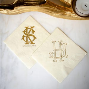 Interlocking Monogram Cocktail Napkins, Gold Foil Printed Napkins, Wedding Logo 3 Ply Napkins, Housewarming Gift, Engagement Party Decor