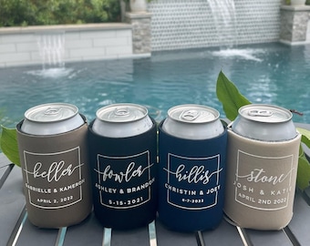 Personalized Wedding Can Coolers, Contemporary Wedding, Custom Wedding, Unique Can Huggers, Monogrammed Favors, Engagement Party, Neoprene