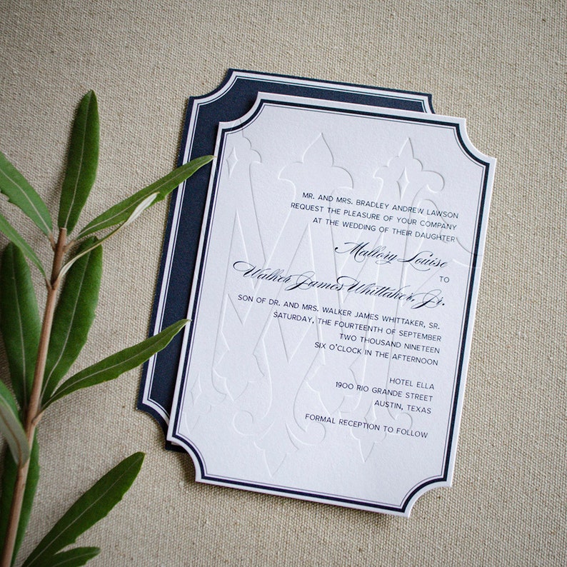 Blind Letterpress Invitations, Classic Monogram Wedding Invitations, Personalized Invites, Digital and Letterpress Printed Invitations image 2