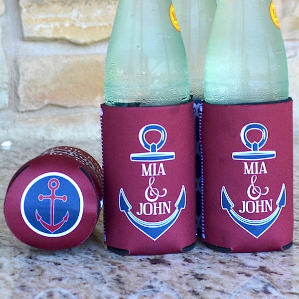 Full Color Custom Printed Anchor Can Coolers, Custom Wedding Favors, Personalized Party Favors, Monogram Can and Bottle Wedding Coolers