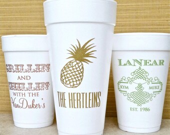 Custom Printed Foam Party Cups, Personalized Styrofoam Cups, Customizable Pineapple Party Cups, Wedding Cups, Engagement Party - Set of 100