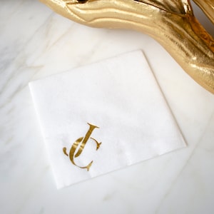 Wedding Monogram Linen-Like Napkins, Gold Foil Printed Cocktail Napkins, Personalized White Linun Napkin, Beverage Napkin, Wedding Reception