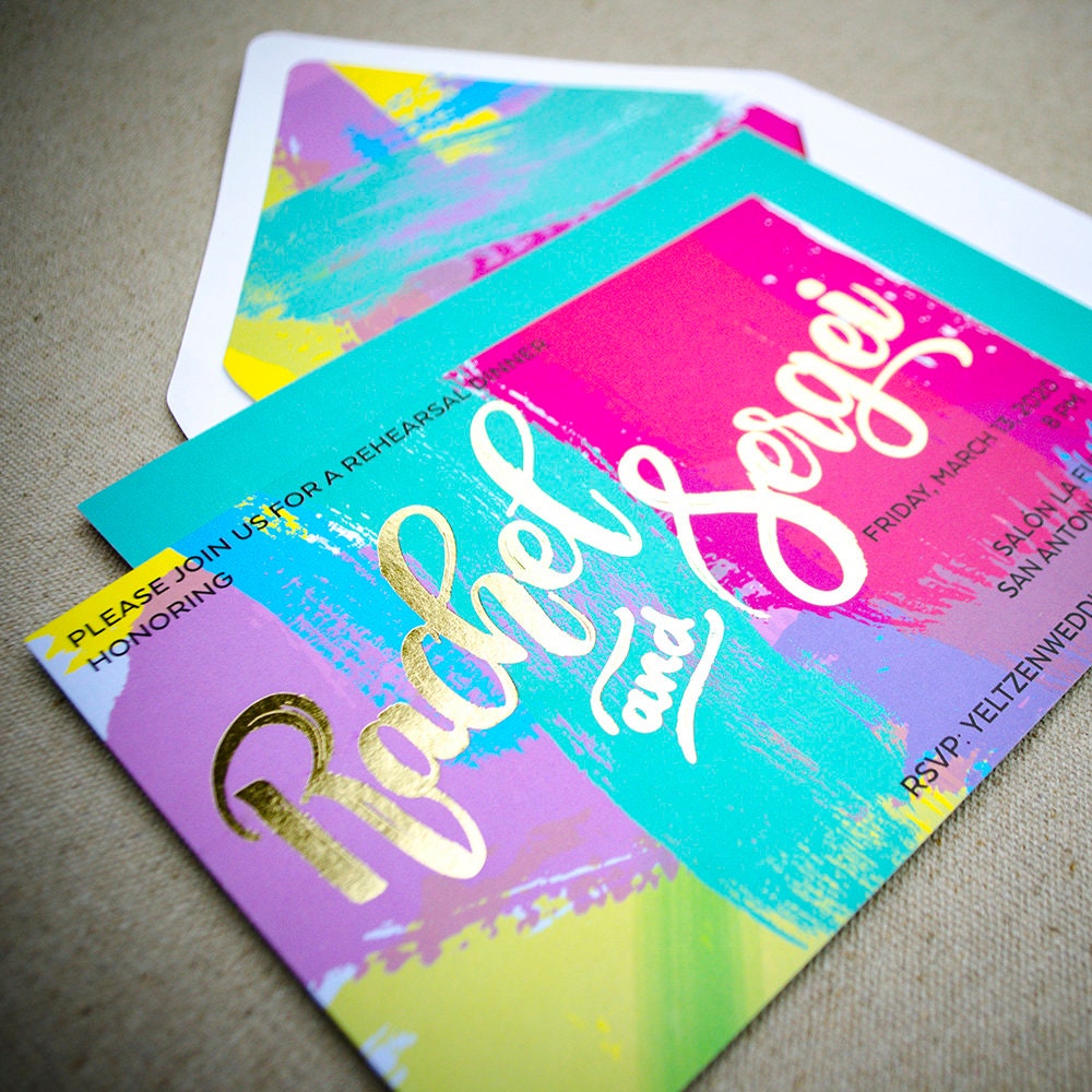 Bright and Modern Foil Printed Invitations, Full Color Foil Rehearsal ...