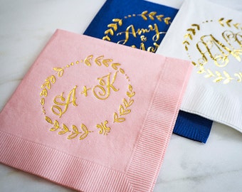 Personalized Napkins with Wreath Border, Custom Napkins, Gold Foil Napkins, Monogram Wedding Napkins, Foil Printed Napkins, Wedding Napkins