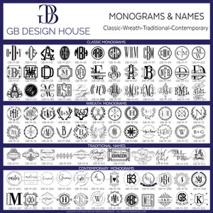Może przedstawiać: Cyfrowy arkusz katalogowy GB Design House przedstawiający r&oacute;żne czarno-białe wzory monogram&oacute;w i imion. Siatka jest podzielona na sekcje oznaczone jako Classic Monograms, Wreath Monograms, Traditional Names oraz Contemporary Monograms.
