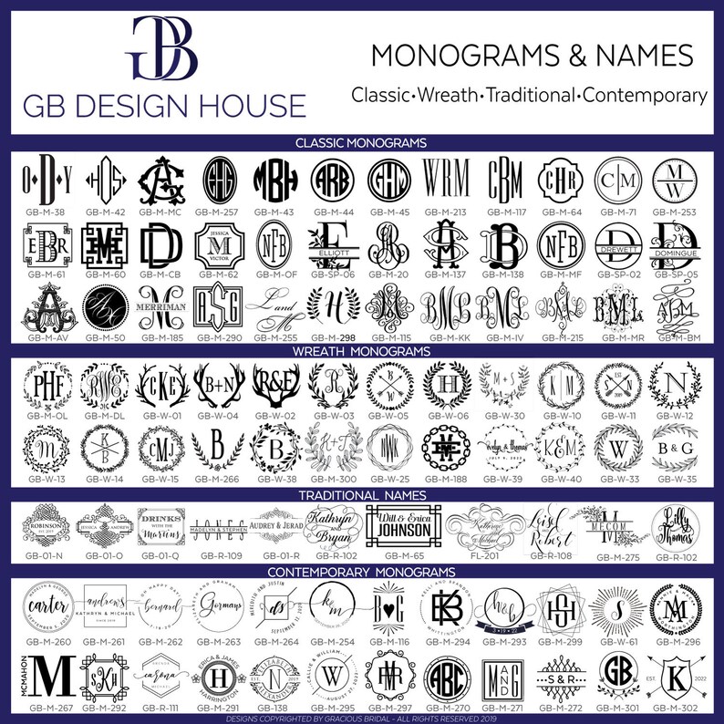 Może przedstawiać: Cyfrowy arkusz katalogowy GB Design House przedstawiający r&oacute;żne czarno-białe wzory monogram&oacute;w i imion. Siatka jest podzielona na sekcje oznaczone jako Classic Monograms, Wreath Monograms, Traditional Names oraz Contemporary Monograms.
