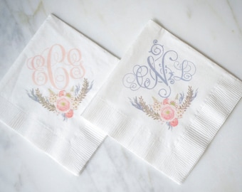 Floral Monogram Napkins, Full Color Printed 3 Ply Napkins, Bridal Shower, Cake Napkins, Cocktail Napkins, Bridal Luncheon, Wedding Napkins