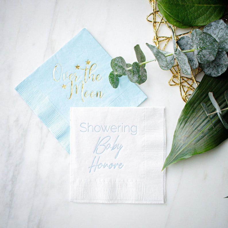 Over The Moon Napkins, Blue Baby Shower Napkins, Custom 3 Ply Party Napkins, Baby's 1st Birthday Napkins, Gender Reveal, Sip and See Decor image 7