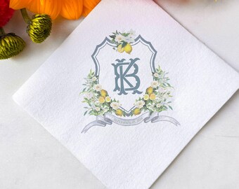 Full Color Lemon Crest Linen-Like Napkins, Monogrammed Linun Cocktail Napkins, Personalized Wedding Napkins, Full color Party Napkins