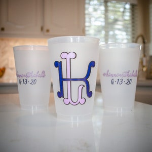 Full Color Interlocking Monogram Cups, Custom Duogram Cups, Frosted Plastic Shatterproof Bachelorette Party Cups, Frost-Flex Cocktail Cups