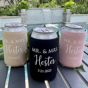 Custom Mr. and Mrs. Event Huggers, Custom Neutral Can Coolers, Neutral Wedding Favors, Neoprene Can Coolers, Personalized Wedding Huggers