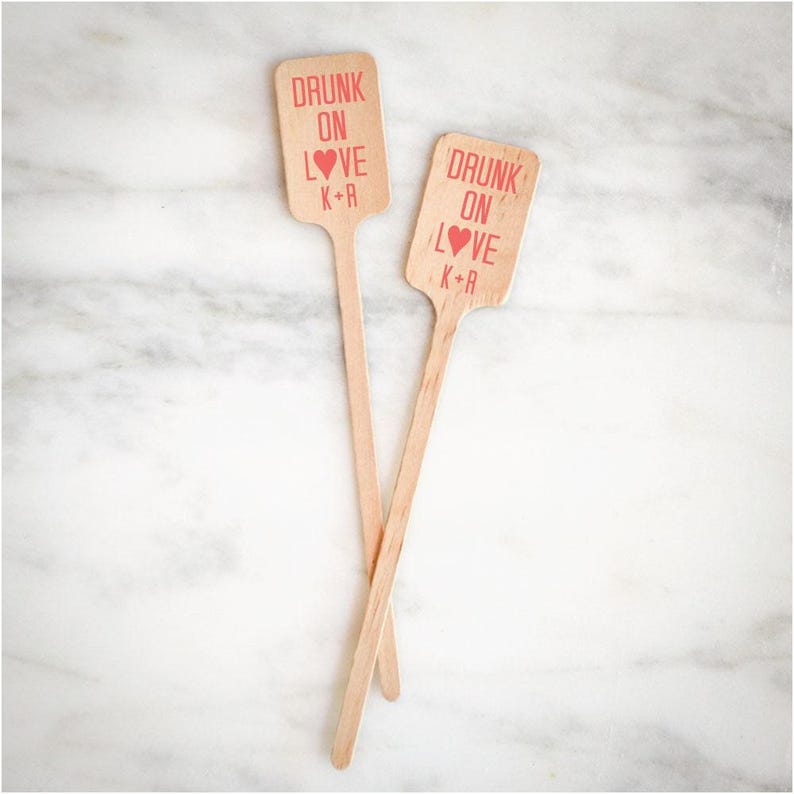 Drunk on Love Wooden Stir Sticks, Personalized Drink Stirrers, Custom Wedding Cocktail Stirrers, Custom Wedding Swizzle Sticks, Stir Sticks image 1