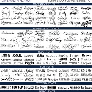 May include: A chart with a list of custom fonts categorized by style: modern script, formal script, block, fun, western, and retro. The fonts are listed in alphabetical order. The chart is on a dark blue background.