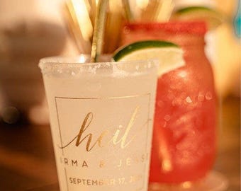 Personalized Wedding Reception Cups, Gold Logo Frosted Cups, Custom Shatterproof Cups, Modern Wedding Decor, Signature Cocktail Cups
