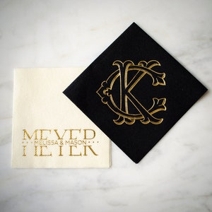 Personalized Linen Like Napkins, Monogram Linen-Like Napkins, Gold Foil Printed Napkins, Bar Napkins, Interlocking Monogram Wedding Napkins