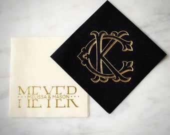 Personalized Linen Like Napkins, Monogram Linen-Like Napkins, Gold Foil Printed Napkins, Bar Napkins, Interlocking Monogram Wedding Napkins